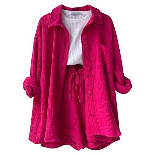Musselin Zweiteiler Damen Sommer Outfit Musselin Bluse und Shorts 2 Teiler Kleidung Elegant Strand Urlaub Lounge Damen Set Bluse und Shorts Two Piece Set Women Outfit von pvucpot