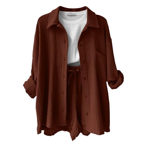 Musselin Zweiteiler Damen Sommer Outfit Musselin Bluse und Shorts 2 Teiler Kleidung Elegant Strand Urlaub Lounge Damen Set Bluse und Shorts Two Piece Set Women Outfit von pvucpot