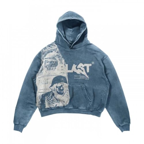 pvucpot Oversize Pullover Damen Ausgewaschene Hoodie Y2K Vintage Sweatshirt Basic Damen Kapuzenpullover Denim Hoodies Streetwear Casual Oversize Blaze Print Muster Schädel Hoodie Unisex Hoodies von pvucpot