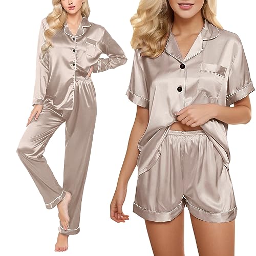 pvucpot Satin Pyjama Damen Kurz 4-teiliges Schlafanzug Kurzarm Nachtwäsche Cami and Shorts Set Frauen Pjs Sets Hausanzug Loungewear von pvucpot