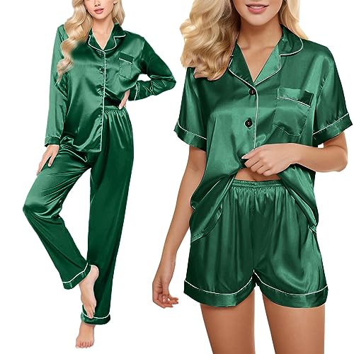 pvucpot Satin Pyjama Damen Kurz 4-teiliges Schlafanzug Kurzarm Nachtwäsche Cami and Shorts Set Frauen Pjs Sets Hausanzug Loungewear von pvucpot