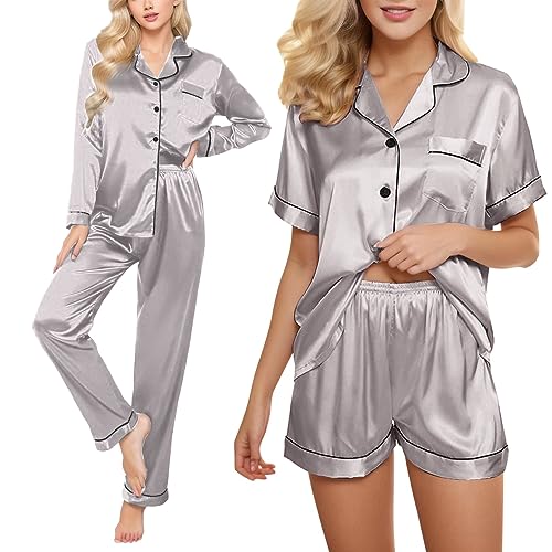 pvucpot Satin Pyjama Damen Kurz 4-teiliges Schlafanzug Kurzarm Nachtwäsche Cami and Shorts Set Frauen Pjs Sets Hausanzug Loungewear von pvucpot