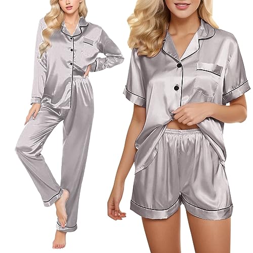 pvucpot Satin Schlafanzug Damen Lang 4-teiliges Pyjama Sets Cami Top and Shorts Set Nachtwäsche Frauen Seidenpyjama von pvucpot