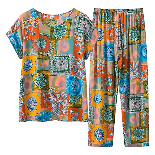 pvucpot Schlafanzug Damen Kurz Pyjama Set Kurzarm Top mit 3/4 Lang Schlafhose Zweiteiliger Nachtwäsche von pvucpot