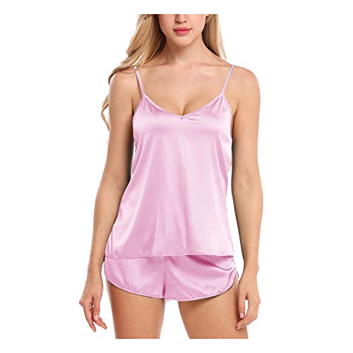 pvucpot Schlafanzug Damen Sexy Pyjama Satin Nachtwäsche Kurz Hausanzug Ärmellos Dessous Negligee Cami Top Loungewear Einfarbig Sleepwear von pvucpot