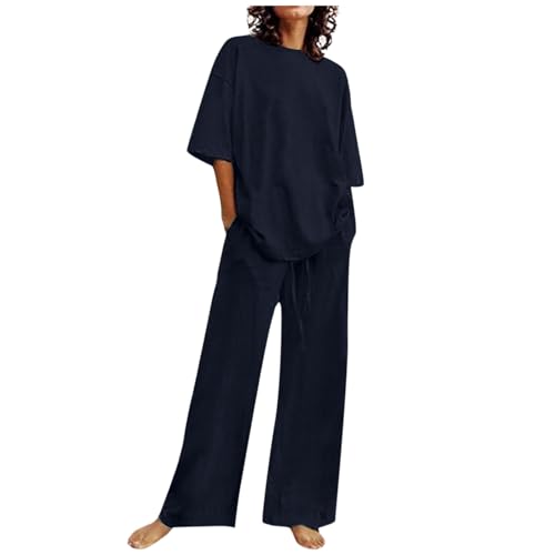 Sommer Outfits Damen 2 Teiler Freizeitanzug Baumwolle Leinen Kurzarm Top Hose Set Lässig Einfarbig Trainingsanzug mit Taschen Freizeithose Rundhals Oberteil Shirt und Weitem Bein Hosen Outfit Sommer Outfits Damen 2 Teiler Freizeitanzug Baumwolle Leinen Kurzarm Top Hose Set Lässig Einfarbig Trainingsanzug mit Taschen Freizeithose Rundhals Oberteil Shirt und Weitem Bein Hosen Outfit von pvucpot