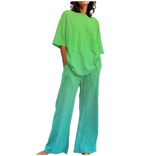 Sommer Outfits Damen 2 Teiler Freizeitanzug Baumwolle Leinen Kurzarm Top Hose Set Lässig Einfarbig Trainingsanzug mit Taschen Freizeithose Rundhals Oberteil Shirt und Weitem Bein Hosen Outfit von pvucpot