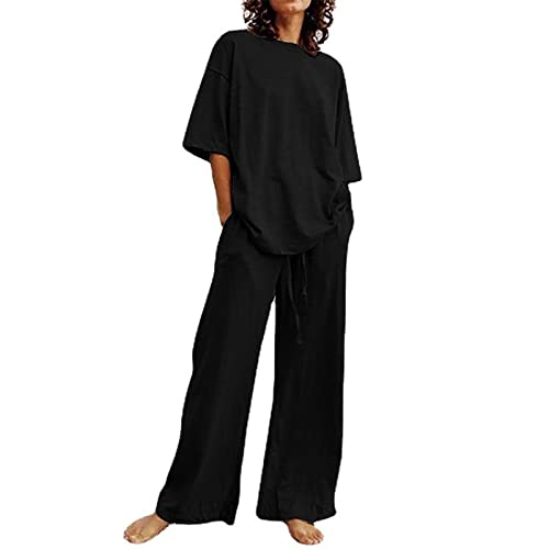 Sommer Outfits Damen 2 Teiler Freizeitanzug Baumwolle Leinen Kurzarm Top Hose Set Lässig Einfarbig Trainingsanzug mit Taschen Freizeithose Rundhals Oberteil Shirt und Weitem Bein Hosen Outfit von pvucpot