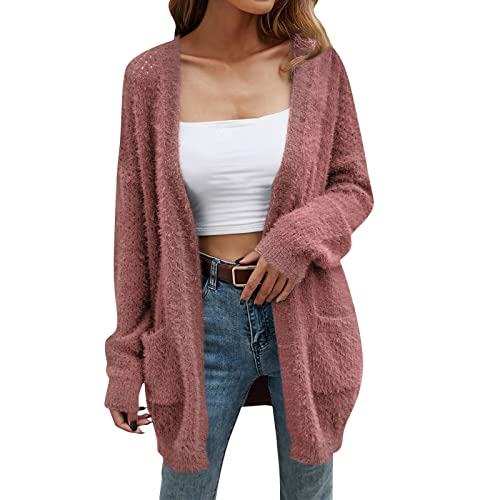 pvucpot Strickjacke Damen Lang Offener Vorderseite Flauschig Strickmantel Mit Taschen Einfarbiges Elegant Cardigan Kuschel Grobstrickjacke Trachten Strickjacke Mode Strickjacken Langarm von pvucpot