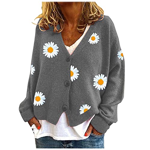 pvucpot Strickjacke Damen V-Ausschnitt Cardigan Laternenhülle Casual Kurz Grobstrick Blumen Pullover Strickmantel Oversize Pullover Leiste Outerwear Mode Strickjacken Langarm von pvucpot