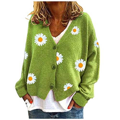 pvucpot Strickjacke Damen V-Ausschnitt Cardigan Laternenhülle Casual Kurz Grobstrick Blumen Pullover Strickmantel Oversize Pullover Leiste Outerwear Mode Strickjacken Langarm von pvucpot