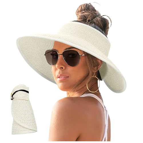 Sun Visor für Damen breite Krempe UV-Schutz Sonnenhut Stroh Roll Up Sommer Strand Packbar Faltbar UV UPF Hut Leicht Sommerhut Leichter von pvucpot