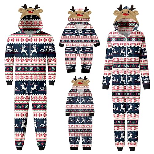 pvucpot Weihnachten Familie Outfit Christmas Jumpsuit Hoodie Weihnachts Aufdruck Overall Hausanzug mit Reißverschluss Couple Kinder Baby Langarm Kapuze Familie Einteiler Lässig Xmas Onesie Damen von pvucpot