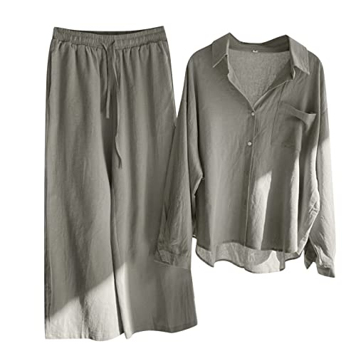 pvucpot Zweiteiler Damen Lässige Einreihiger, Musselin Set Lockere Atmungsaktive, Langärmeliger Revers Hemd Aus Baumwolle Und Leinen Mit Weitem Bein Und Lockerer, Modischer Freizeitanzug Leinen von pvucpot