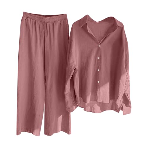 pvucpot Zweiteiler Damen Lässige Einreihiger, Musselin Set Lockere Atmungsaktive, Langärmeliger Revers Hemd Aus Baumwolle Und Leinen Mit Weitem Bein Und Lockerer, Modischer Freizeitanzug Leinen von pvucpot