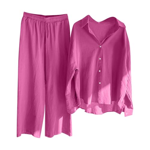 pvucpot Zweiteiler Damen Lässige Einreihiger, Musselin Set Lockere Atmungsaktive, Langärmeliger Revers Hemd Aus Baumwolle Und Leinen Mit Weitem Bein Und Lockerer, Modischer Freizeitanzug Leinen von pvucpot