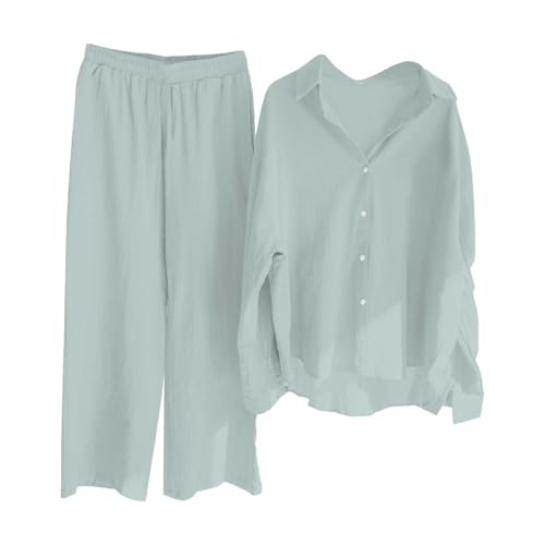pvucpot Zweiteiler Damen Lässige Einreihiger, Musselin Set Lockere Atmungsaktive, Langärmeliger Revers Hemd Aus Baumwolle Und Leinen Mit Weitem Bein Und Lockerer, Modischer Freizeitanzug Leinen von pvucpot