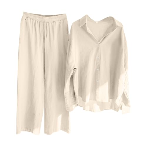 pvucpot Zweiteiler Damen Lässige Einreihiger, Musselin Set Lockere Atmungsaktive, Langärmeliger Revers Hemd Aus Baumwolle Und Leinen Mit Weitem Bein Und Lockerer, Modischer Freizeitanzug Leinen von pvucpot