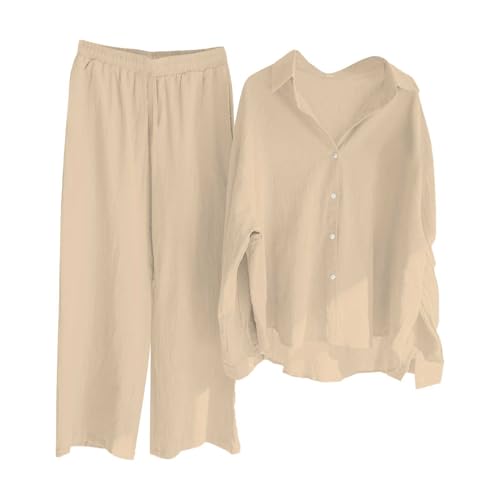 pvucpot Zweiteiler Damen Lässige Einreihiger, Musselin Set Lockere Atmungsaktive, Langärmeliger Revers Hemd Aus Baumwolle Und Leinen Mit Weitem Bein Und Lockerer, Modischer Freizeitanzug Leinen von pvucpot