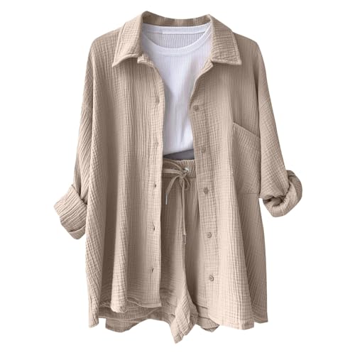 Zweiteiler Damen Outfit Sommer Langarm Blusenshirt und Shorts Zweiteiliges Sets Leichte Atmungsaktiv Freizeitanzug Strand Tunika Einfarbiges Aesthetic Shirt High Waist Shorts Outfit von pvucpot