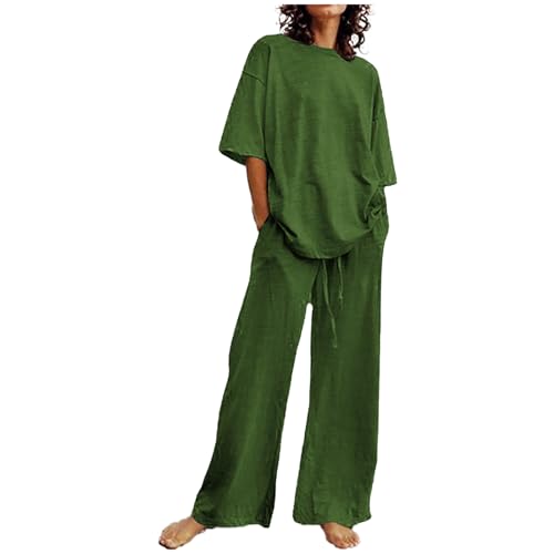 pvucpot Zweiteiler Damen Sommer Baumwolle Und Leinen Hose, Kurzärmeliger Hosenanzug, Lässiger Zweiteiler Anzug, Sommer Outfits Lockere Und Atmungsaktive, Jogginganzug Große Größen, Hausanzug Outfit von pvucpot