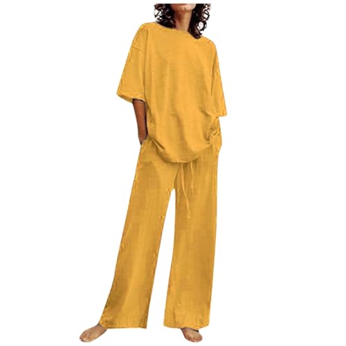 pvucpot Zweiteiler Damen Sommer Baumwolle Und Leinen Hose, Kurzärmeliger Hosenanzug, Lässiger Zweiteiler Anzug, Sommer Outfits Lockere Und Atmungsaktive, Jogginganzug Große Größen, Hausanzug Outfit von pvucpot