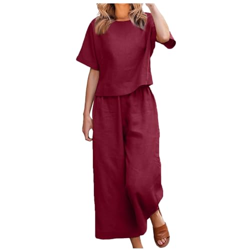 pvucpot Zweiteiler Damen Sommer Leinenanzug Musselin Set Lockere, Kurze Ärmel Top Rundhals Ausschnitt Einfarbig und Hose Lang Weites Bein, Jogginganzug Atmungsaktive Sommermode Freizeitanzug Outfit von pvucpot