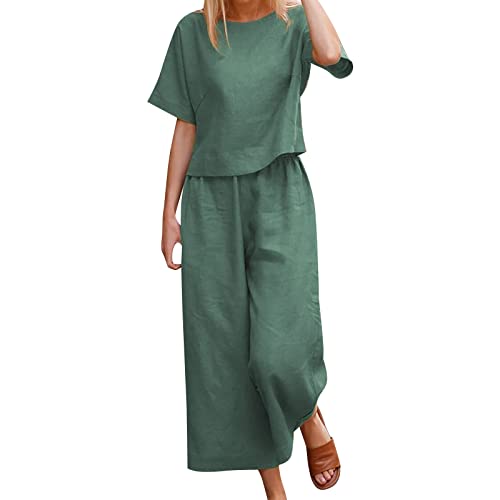 pvucpot Zweiteiler Damen Sommer Leinenanzug Musselin Set Lockere, Kurze Ärmel Top Rundhals Ausschnitt Einfarbig und Hose Lang Weites Bein, Jogginganzug Atmungsaktive Sommermode Freizeitanzug Outfit von pvucpot