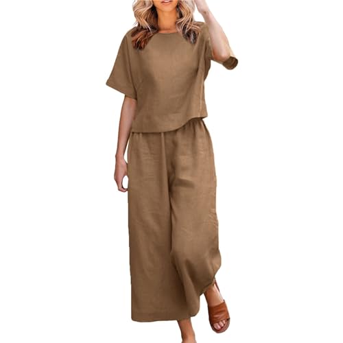 pvucpot Zweiteiler Damen Sommer Leinenanzug Musselin Set Lockere, Kurze Ärmel Top Rundhals Ausschnitt Einfarbig und Hose Lang Weites Bein, Jogginganzug Atmungsaktive Sommermode Freizeitanzug Outfit von pvucpot