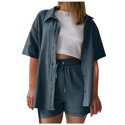 Zweiteiler Damen Sommer Musselin Kurzarm Bluse Hemd und Shorts Zweiteiler Sommer Elegant Aesthetic Lounge Set Strand Outfit Set Two Piece Mode Leicht Urlaub Freizeit Oberteile Strand Outfit von pvucpot