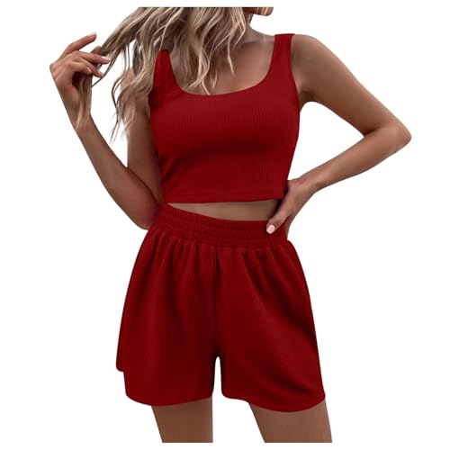 Zweiteiler Damen Sport Outfit Shorts und Top Sets 2 Teilig Sommer Anzug Spaghettiträger Bauchfrei Tops Camisole Crop Tank Tops Kurze Hose Kombi 2-Teiler Home Set Sommerkleidung Outfit von pvucpot