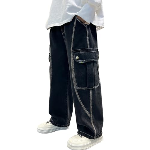 Baggy Jeans Jungs 176 schwarz, Baggy Jeans Jungs Weites Bein Denim Hosen Jeanshosen Kinder Cargo Straight Leg Streetwear Freizeithose Loose Fit Stretch Relaxed Jogginghose Wanderhose Denimhose von pxjsdwe