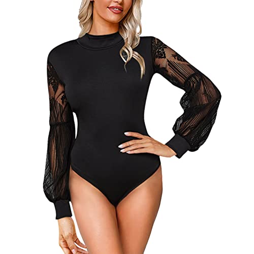 Ballett Body Damen Mesh Rollkragen Schwarze Langarmbody Stringbody Glitzer Top Festival Party Langarm Netzoberteil Blusenbody Rollkragenbody Elegant Rave Sexy Spitzenbody Rückenfrei Netzbody Outfit von pxjsdwe