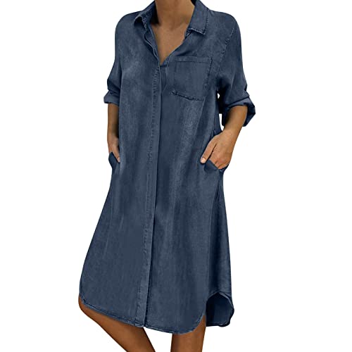 Dirndl Bluse Damen Langarm, Jeanskleid Damen Stretch Einfarbig Kurzarm Blusenkleid Freizeitkleid A-Linie Baumwolle Strandkleid Denim Kleid Locker Casual Sommerkleid Hemdkleid Blau Sommer Midikleid von pxjsdwe