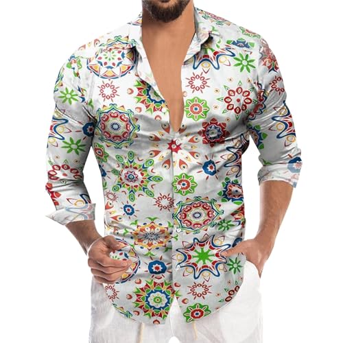 Hawaii kostüm Herren, Hippie Kostüm Herren Button Down Business Herrenhemd Langarm Regular Fit 80er Jahre Hemd 70er Jahre Hemd Casual Disco Party Freizeithemd Langarmhemd Hip Hop Retro Slim von pxjsdwe