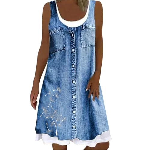 Jumpsuit Jeans Damen, Jeanskleid Damen Lang Sommer Casual Kurzarm Denim Kleid Blusenkleid A-Linie Sommerkleid Strandkleid Einfarbig Baumwolle Hemdkleid Freizeitkleid Leicht Knielang Partykleid von pxjsdwe