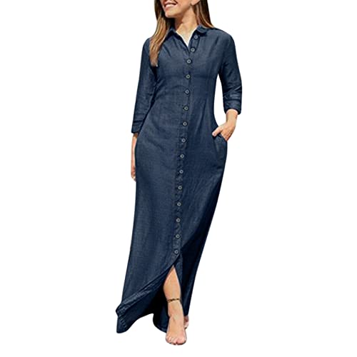 Kleid sportlich Damen, Jeanskleid Kurzarm Damen Baumwolle Freizeitkleid Denim Kleid Sommer Einfarbig Shirtkleid Sommerkleid A-Linie Casual Hemdkleid Blusenkleid Button Down Locker Tunikakleid von pxjsdwe