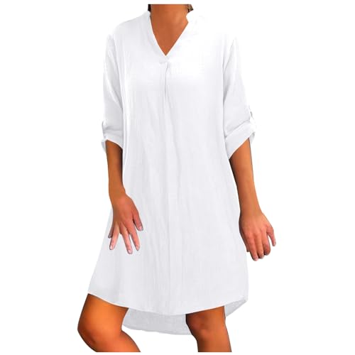 Musselin Kleid Damen Lang 3/4 Ärmel V-Ausschnitt Musselin Bluse Blusenkleid Longbluse Sommer Locker Luftig Tunika Kleid Große Größen Elegant Knielang Freizeitkleid Strandkleid Einfarbig Shirtkleid von pxjsdwe