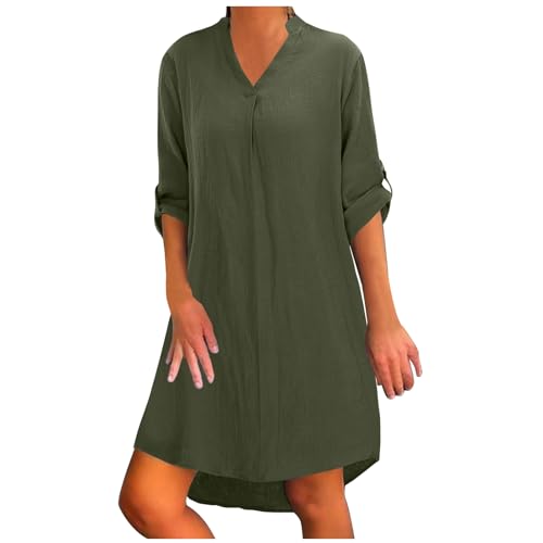 Musselin Kleid Damen Lang 3/4 Ärmel V-Ausschnitt Musselin Bluse Blusenkleid Longbluse Sommer Locker Luftig Tunika Kleid Große Größen Elegant Knielang Freizeitkleid Strandkleid Einfarbig Shirtkleid von pxjsdwe