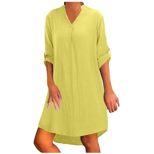 Musselin Kleid Damen Lang 3/4 Ärmel V-Ausschnitt Musselin Bluse Blusenkleid Longbluse Sommer Locker Luftig Tunika Kleid Große Größen Elegant Knielang Freizeitkleid Strandkleid Einfarbig Shirtkleid von pxjsdwe