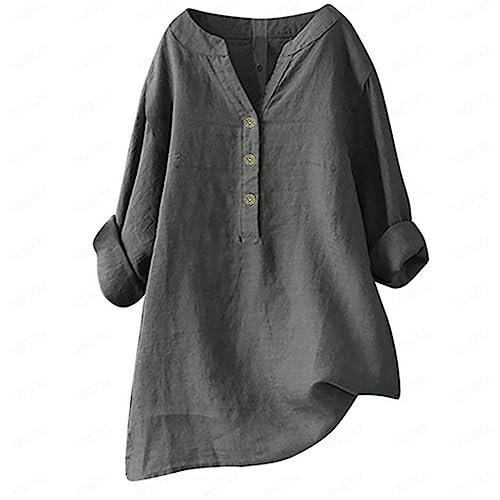 Oversize Shirt Damen, Musselin Bluse Damen Oversized Langarm Leinenbluse V-Ausschnitt Button Down Leinenhemd Longbluse Casual Elegant Einfarbig Blusen Oberteile Große Größen Leinen Hemdbluse S-5XL M von pxjsdwe