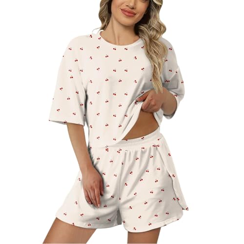Pajamas for Women, Pyjama Damen Sommer Baumwolle Zweiteiliger Loungewear T-Shirt und Shorts Kurzarm Nachtwäsche Sleepwear Shorty Bequem Pyjama Set Schlafanzug Weich Nightwear Set von pxjsdwe