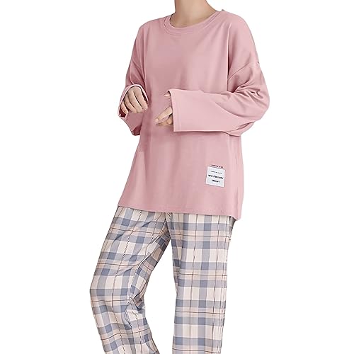 Pyjama Damen lang Baumwolle, Schlafanzug Damen Lang Winter Pyjama Set Kuschelig Zweiteiliger Nachtwäsche Loungewear Langarm Sleepwear und Karierte Pyjamahose Weich Bequemer Hausanzug Rosa M von pxjsdwe