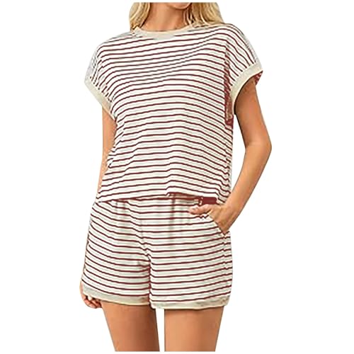 Pyjama Set Damen kurz, Schlafanzug Damen Kurz Zweiteiliger Sommer Nachtwäsche Baumwolle Shorty T-Shirt und Shorts Sleepwear Kurzarm mit Taschen Schlafanzüge Pyjama Set Große Größen Pyjamaset von pxjsdwe