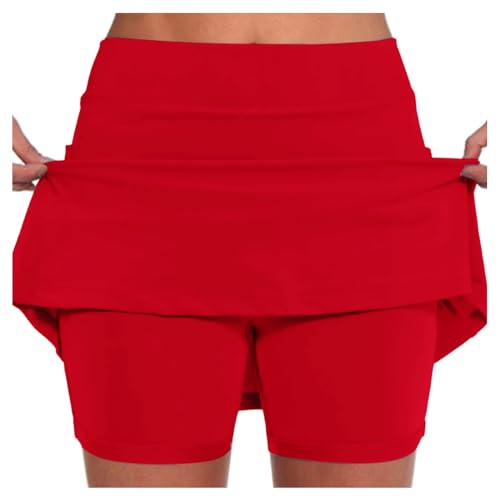 Rock Damen kurz rot, Hosenrock Damen Kurz 2 in 1 Sport Shorts Rock mit Hose Drunter Sommer Tennisrock Casual Hohe Taille Laufrock Sportrock mit Taschen Leicht Skort für Golf Wandern Radfahren von pxjsdwe