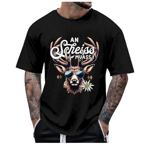 Trachten Tshirt Herren große größen, Trachten T-Shirt Herren Lustig Hirsch Tshirt Oktoberfest Kurzarm Trachtenshirt Oversized Rundhals Casual Tshirts Oberteil Festival Party Männer Schwarz XL von pxjsdwe