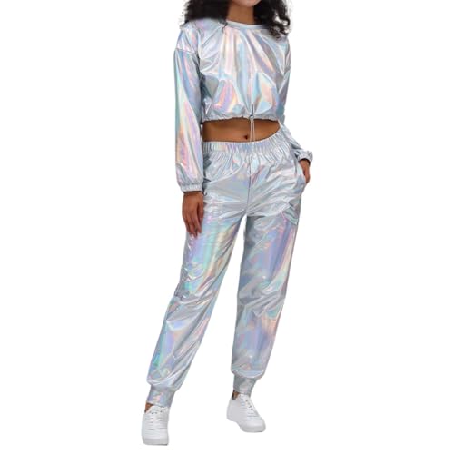 aerobic outfit 80er damen, Alien Kostüm Damen Langarm Glitter Kapuzen Trainingsanzug Glänzend Metallic Crop Top Jogginghose 2-Teilig Alien Space Girl Kostüm Hip Hop Festival 80er Jahre Disco Party Set von pxjsdwe