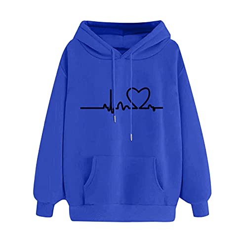 damen pullover winter, Hoodie Damen Oversize Herzform Bedrucken Pullover mit Kapuze Langarm Warme Sweatshirt Kapuzenpullover Locker Casual Oberteile Langarmshirt Teenager Mädchen Sport Tops Blau M von pxjsdwe