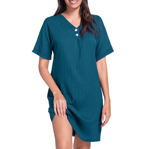 damen sommer kleid, Musselin Kleid Damen Sommer Kurzarm Strandkleid Freizeitkleid V-Ausschnitt Casual Sommerkleid Blusenkleid Einfarbig Elegant Midikleid Hemdkleid Leicht Locker Luftig Shirtkleid von pxjsdwe