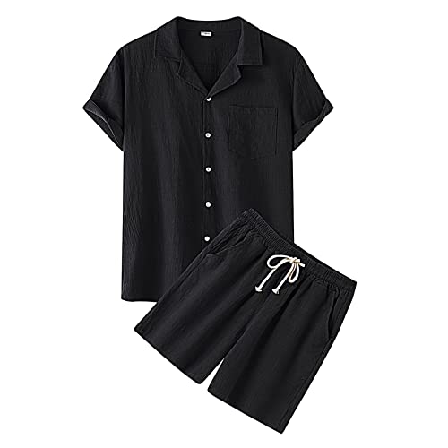 pxjsdwe festival outfit männer, Zweiteiler Herren Leinenanzug Sommer Kurz Schlafanzug Freizietianzug Einfarbig 2 Teiler Kurzarm Button-Up Revers Hemd und Shorts Leicht Baumwolle Leinen Strand Outfit von pxjsdwe